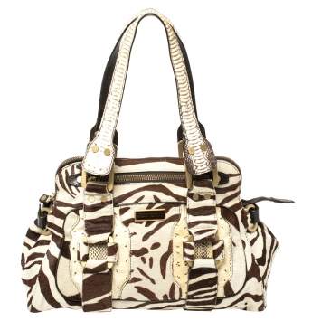 Pre Owned Jimmy Choo Brown/White Zebra Print Calfhair and Python Malena Satchel