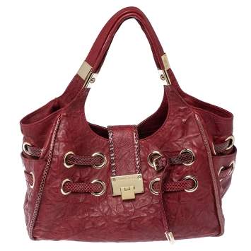 Pre Owned Jimmy Choo Burgundy Crinkled Leather and Snakeskin Ramona Tote