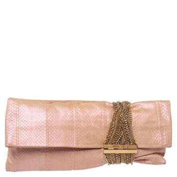 Pre Owned Jimmy Choo Pink Shimmer Snakeskin Chandra Clutch