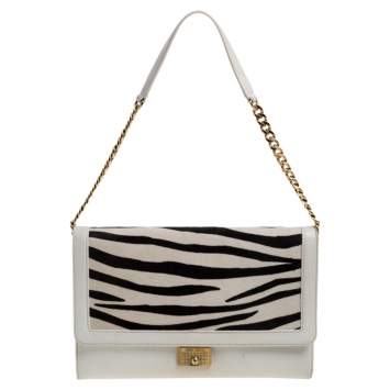 Pre Owned Jimmy Choo White Zebra Print Calfhair and Leather Flap Chain Shoulder Bag