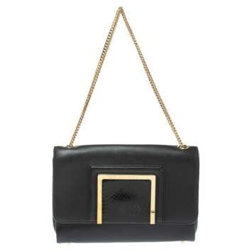 Pre Owned Jimmy Choo Black Leather and Snakeskin Trim Alba Shoulder Bag