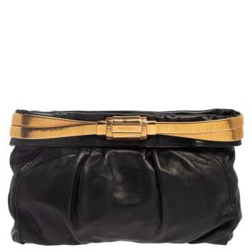 Pre Owned Jimmy Choo Black Pleated Leather Logo Metal Stretch Clutch