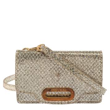 مملوكة مسبقًا Jimmy Choo Metallic Silver Glittered Fabric Tilsa Strap Wallet