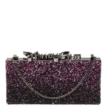 Pre Owned Jimmy Choo Purple Coarse Glitter Celeste Crystal Logo Clasp Clutch