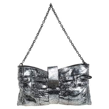 Pre Owned Jimmy Choo Silver Python Effect Patent Leather Riki Chain Shoulder Bag