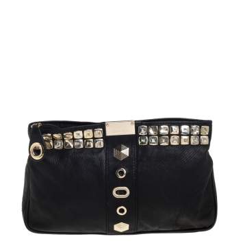 Pre Owned Jimmy Choo Black Perforated Leather Studded Zulu Clutch