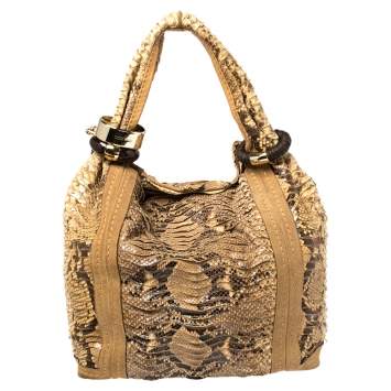 Pre Owned Jimmy Choo Beige/Brown Python and Suede Saba Hobo