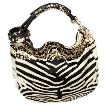 Pre Owned Jimmy Choo Black/White Zebra Print Calf Hair and Leather Studded Sky Hobo