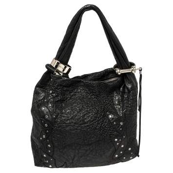 Pre Owned Jimmy Choo Black Textured Leather Medium Saba Embellished Hobo