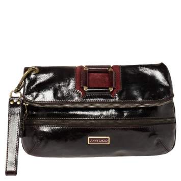 Pre Owned Jimmy Choo Burgundy Patent Leather and Suede Mave Foldover Clutch