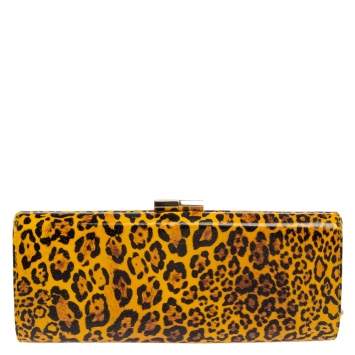 Pre Owned Jimmy Choo Mustard/Black Leopard Print Patent Vinyl Twill Tube Clutch