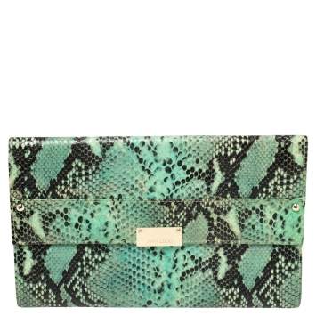 Pre Owned Jimmy Choo Sea Green Python Embossed Leather Reese Clutch