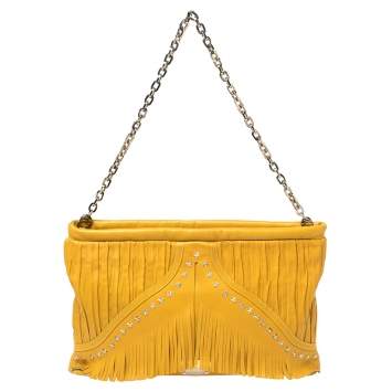 Pre Owned Jimmy Choo Mustard Leather Oversize Star Fringed Chain Clutch