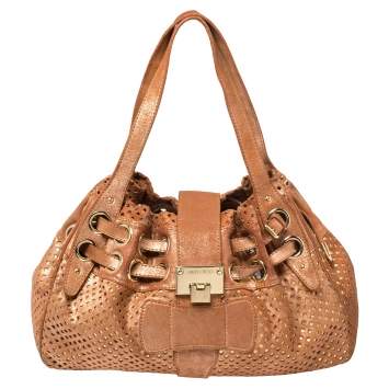 Pre Owned Jimmy Choo Rusty Orange/Gold Shimmer Suede Riki Perforated Tote
