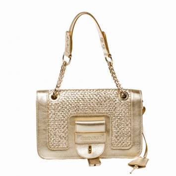 Pre Owned Jimmy Choo Gold Woven Leather Padlock Flap Shoulder Bag