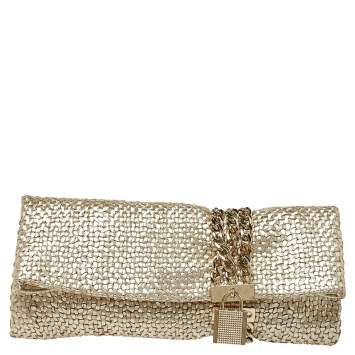 Pre Owned Jimmy Choo Gold Woven Leather Chandra Clutch