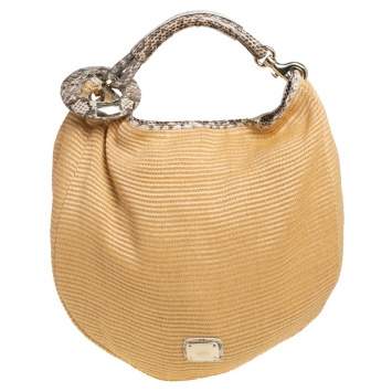 Pre Owned Jimmy Choo Tan Raffia and Snakeskin Trim Sky Hobo