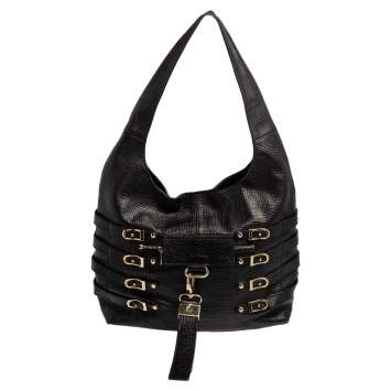Pre Owned Jimmy Choo Black Textured Leather Bardia Buckle Hobo