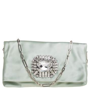 Pre Owned Jimmy Choo Mint Green Satin Titania Crystal Embellished Clutch