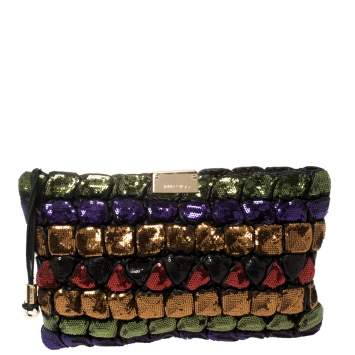 Pre Owned  Jimmy Choo Multicolor Sequins and Leather Colorblock Wristlet Clutch