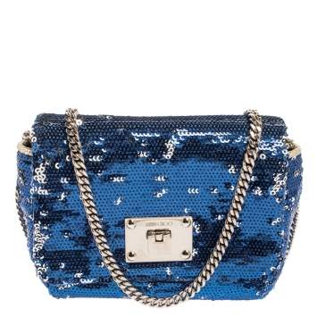 Pre Owned Jimmy Choo Blue/Silver Sequins Ruby Chain Shoulder Bag