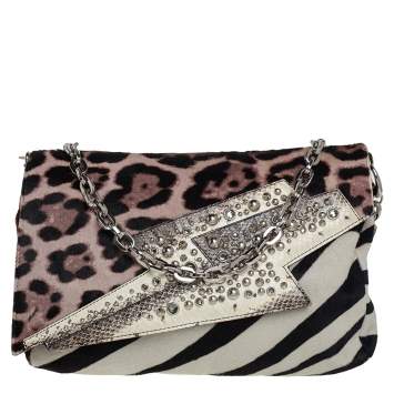 Pre Owned Jimmy Choo Animal Print Pony Hair And Snakeskin Embellished Shoulder Bag