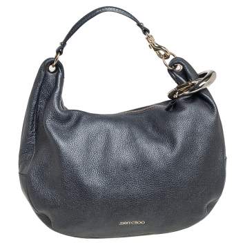 Pre Owned Jimmy Choo Dark Grey Grained Leather and Snakeskin Trim Sky Bangle Hobo