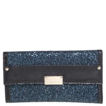 Pre Owned Jimmy Choo Black/ Blue Glitter and Patent Leather Reese Flap Clutch
