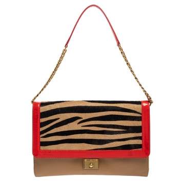 Pre Owned Jimmy Choo Zebra Print Calfhair, Patent and Leather Flap Chain Shoulder Bag