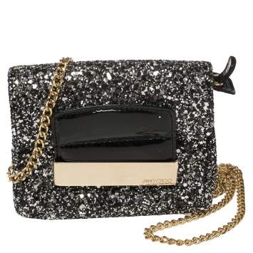 Pre Owned Jimmy Choo Black Glitter and Patent Leather Mini Rebel Crossbody Bag
