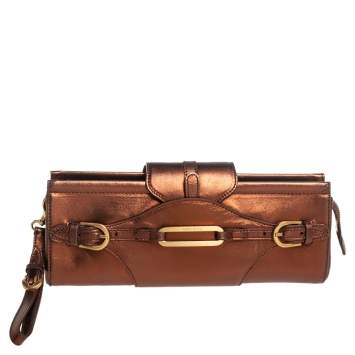 Pre Owned Jimmy Choo Metallic Bronze Leather Tulita Wristlet Clutch 