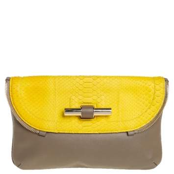 Pre Owned Jimmy Choo Yellow/Dark Beige Python and Leather Jasmine Clutch