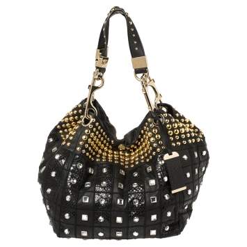 Pre Owned Jimmy Choo Black Leather Lohla Embellished Hobo