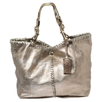 Pre Owned Jimmy Choo Metallic Leather and Snakeskin Trim Whipstitch Tote