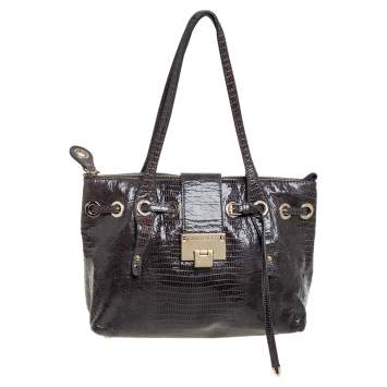 Pre Owned Jimmy Choo Metallic Grey Snakeskin Embossed Leather Rhea Tote
