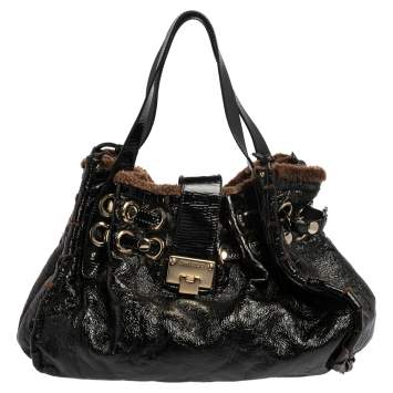 Pre Owned Jimmy Choo Black/Brown  Patent Leather and Shearling Ramona Shoulder Bag