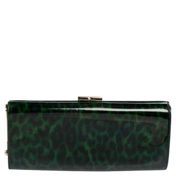 Pre Owned Jimmy Choo Green/Black Leopard Print Patent Leather Twill Tube Clutch