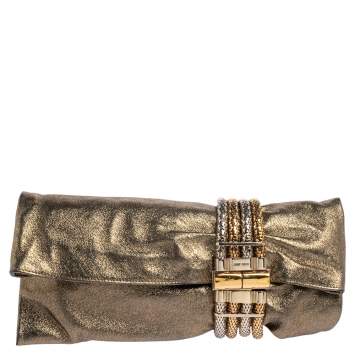 Pre Owned Jimmy Choo Gold Shimmery Leather Chandra Clutch