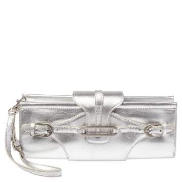 Pre Owned Jimmy Choo Metallic Silver Leather Tulita Wristlet Clutch