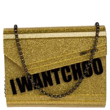 Pre Owned Jimmy Choo Gold Glitter Acrylic Candy Clutch Bag