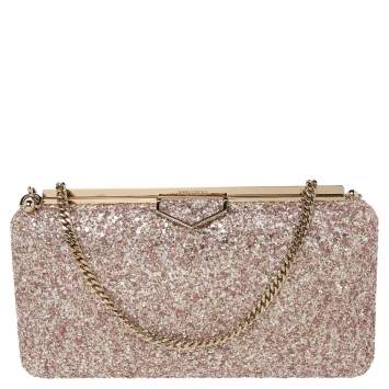 Pre Owned Jimmy Choo Gold/Pink Champagne Coarse Glitter Ellipse Chain Clutch 