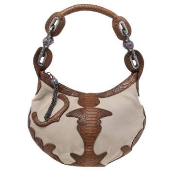 Pre Owned Jimmy Choo Beige/Brown Canvas And Python Leather Hobo
