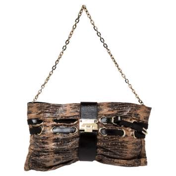 Pre Owned Jimmy Choo Beige/Brown Lizard Embossed Leather Chain Shoulder Bag