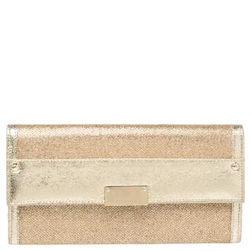 Pre Owned Jimmy Choo Metallic Gold Glitter and Patent Leather Reese Flap Clutch