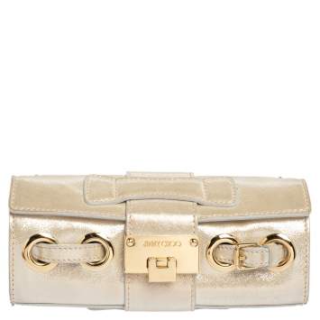 Pre Owned Jimmy Choo Light Cream Shimmer Suede Buckle Clutch