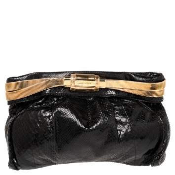 Pre Owned Jimmy Choo Black Python Oversized Zip Clutch