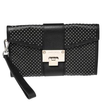 Pre Owned Jimmy Choo Black Leather Studded Rebel Wristlet Clutch