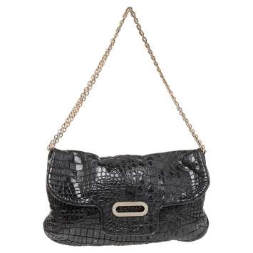 Pre Owned Jimmy Choo Black Croc Embossed Leather Shoulder Bag