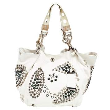 Pre Owned Jimmy Choo White Leather Embellished Tote