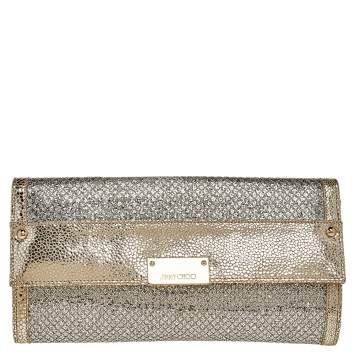Pre Owned Jimmy Choo Metallic Gold Glitter And Textured Leather Reese Flap Clutch